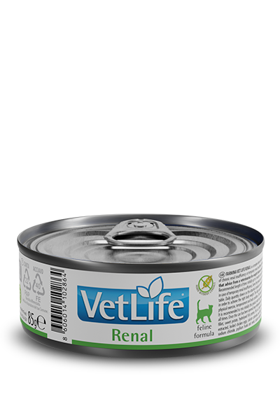 Lattina da 85 g di alimento umido Vet Life Renal per gatti adulti con patologie renali Lattina da 85 g di alimento umido Vet Life Renal per gatti adulti con patologie renali